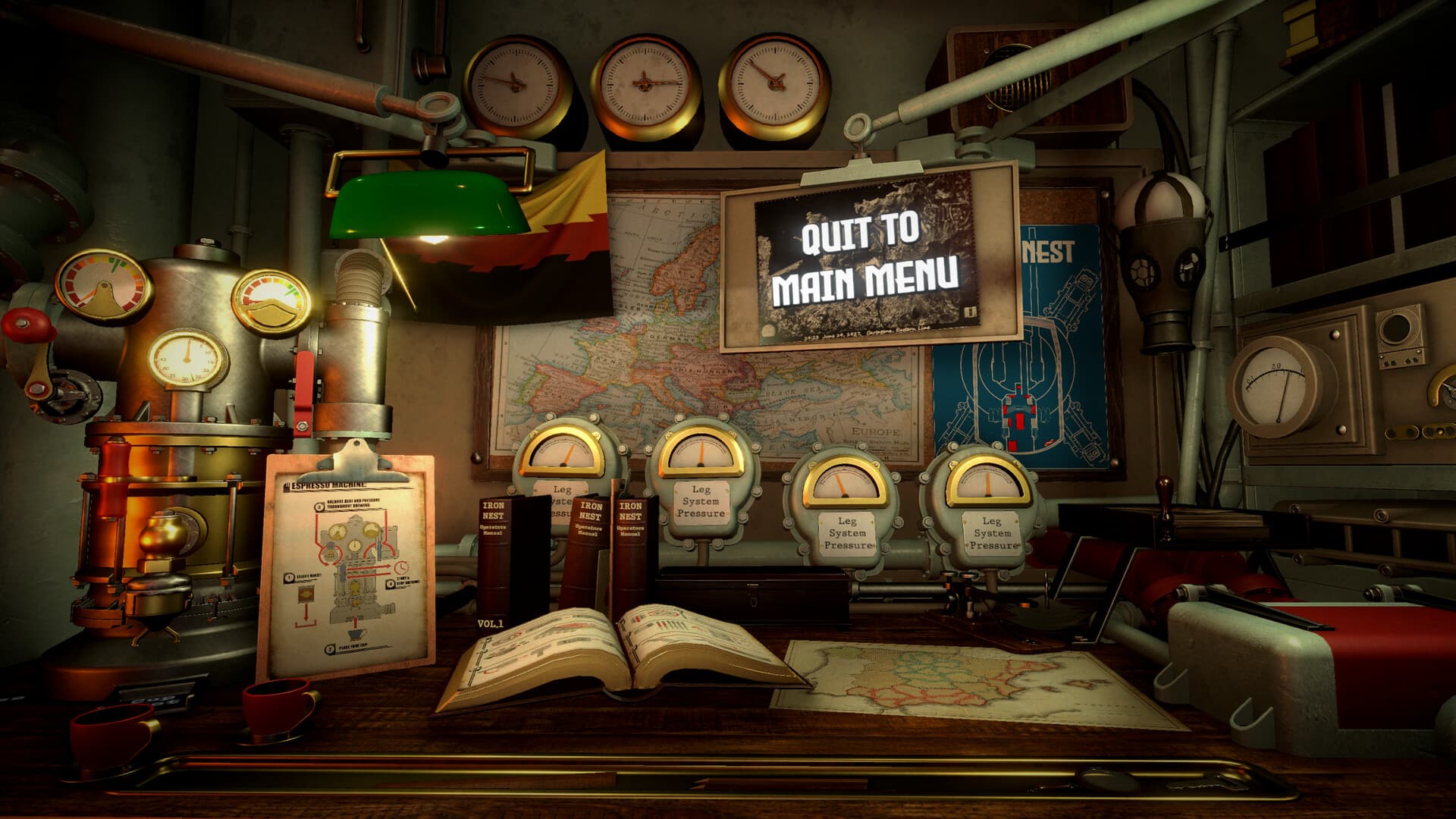 IRON NEST paused menu with pressure gauges and map book