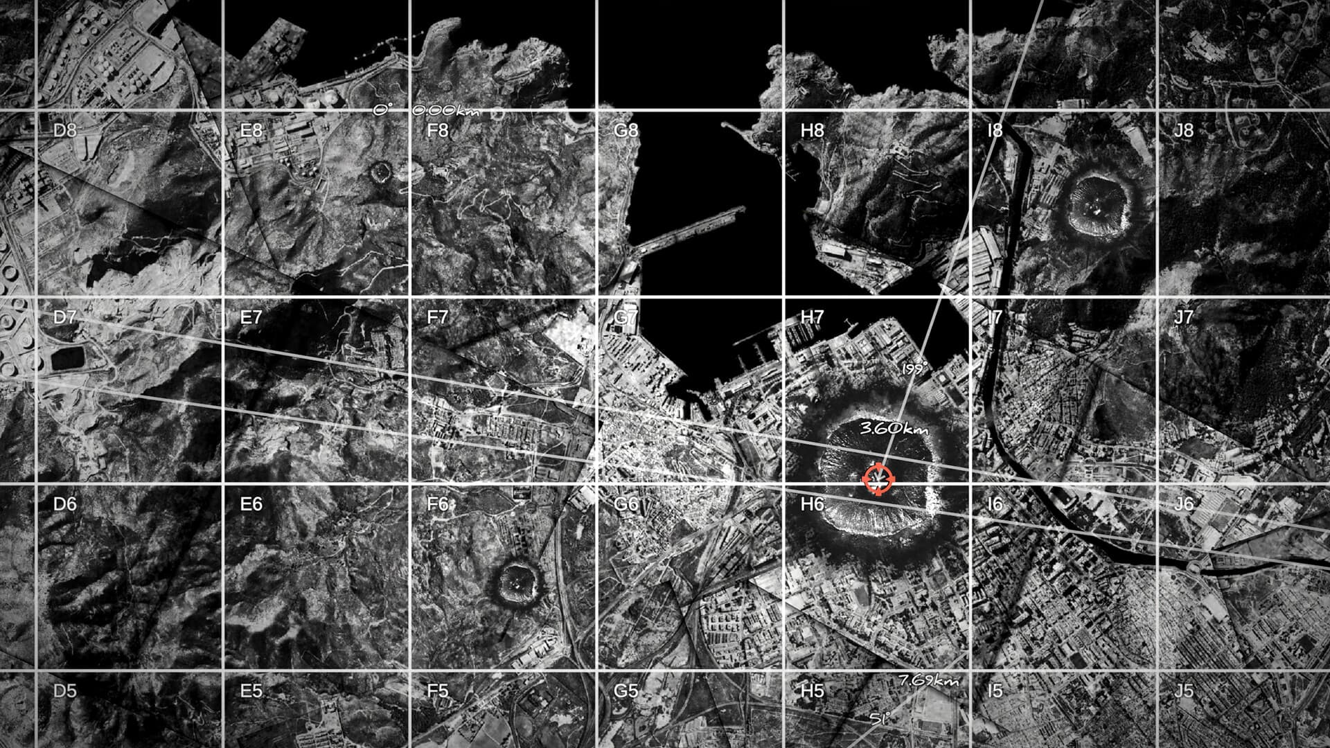 IRON NEST tactical map grid with craters and coastline